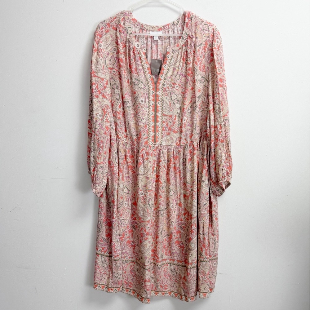 J Jill Dress Womens 2X Pink Multi Peasant Paisley Folk Boho Cottagecore NWT